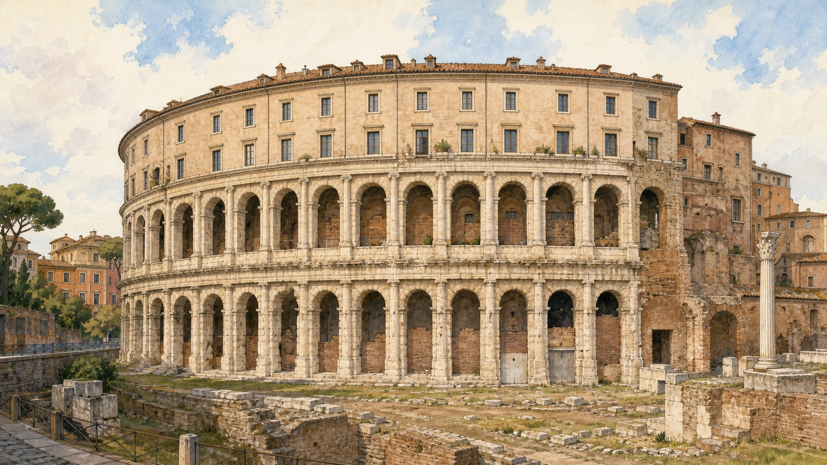 Original documentary watercolour of the Theatre of Marcellus with Roman arcades and Peruzzi's palace above