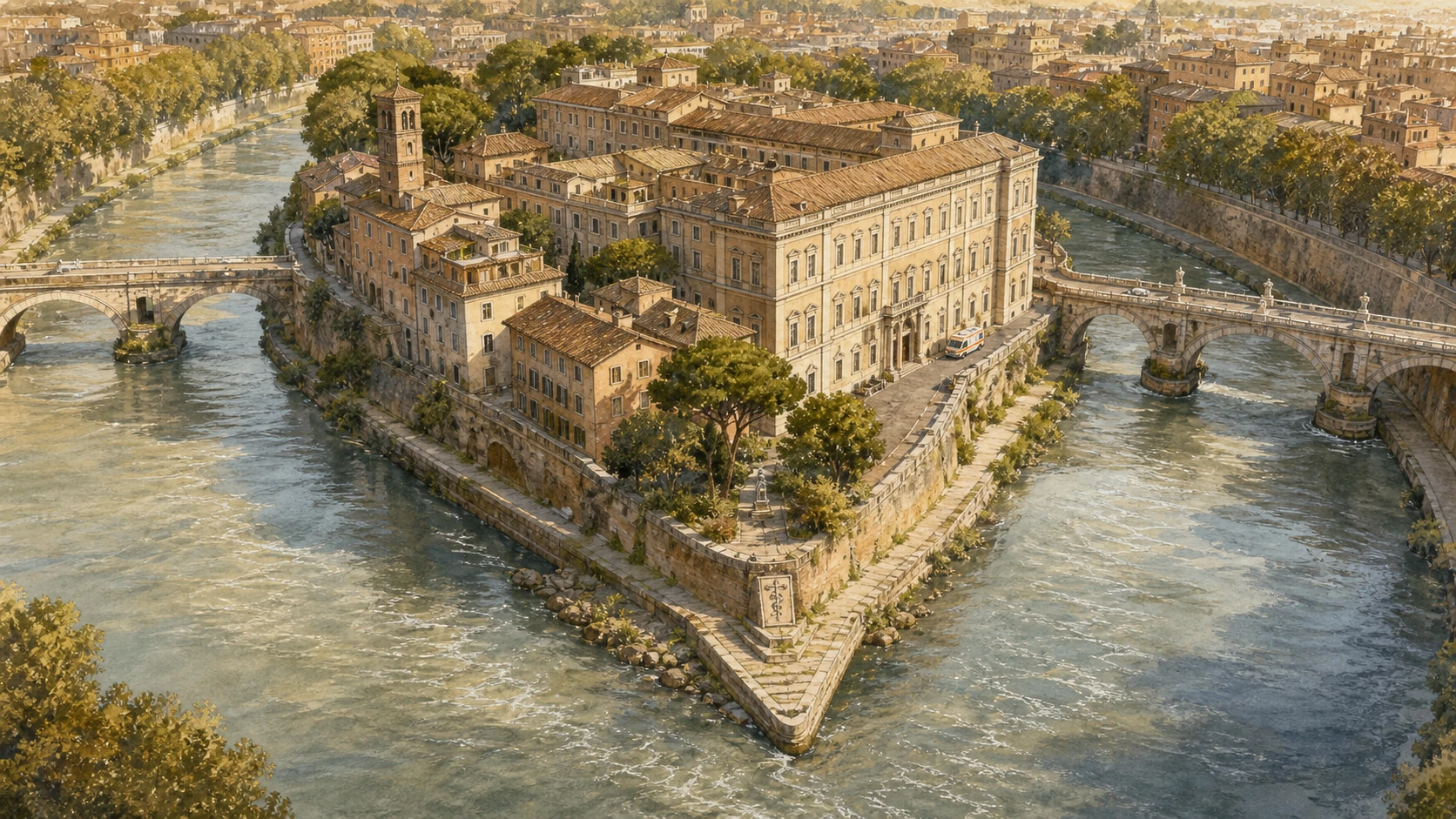 Original documentary watercolour of Tiber Island as a stone ship with Aesculapius memory and the Fatebenefratelli hospital