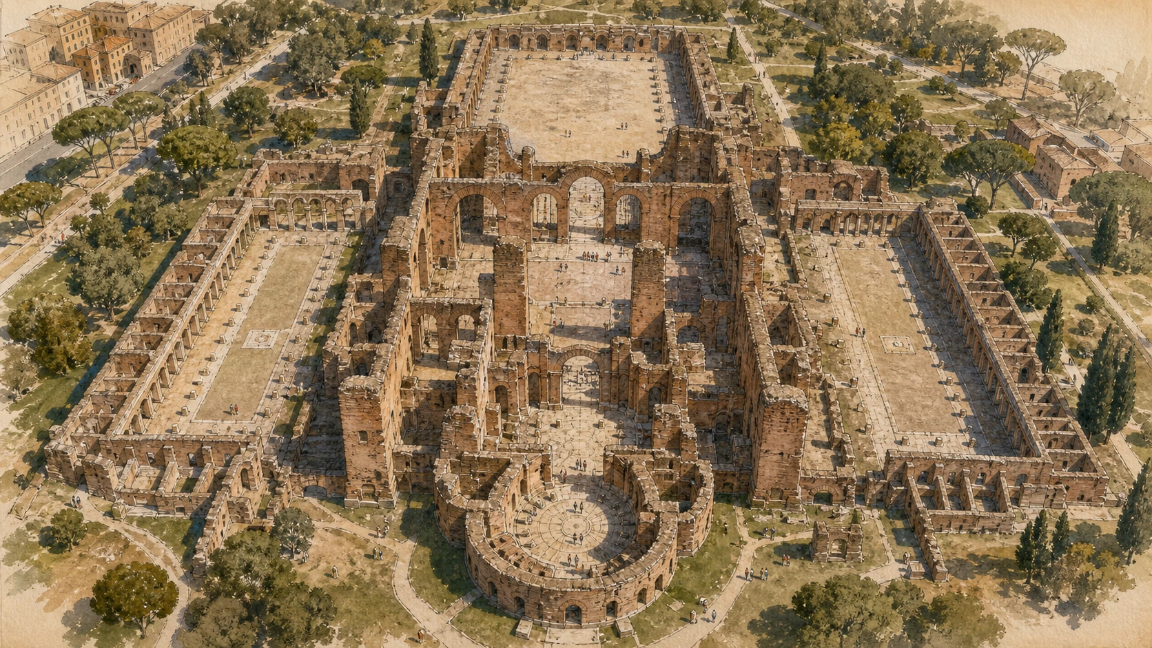 Original documentary watercolour aerial view of the dry central bathing axis at the Baths of Caracalla