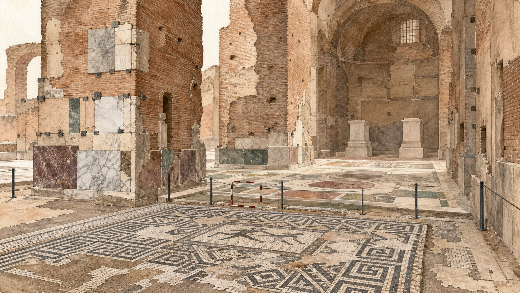 Original documentary watercolour of Caracalla mosaics, marble remnants, stripped walls and empty sculpture settings