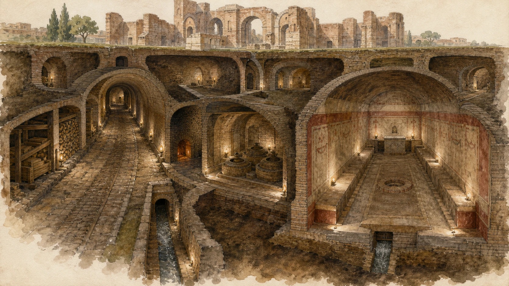 Original documentary watercolour cutaway of Caracalla service tunnels, furnaces, water channels and underground Mithraeum