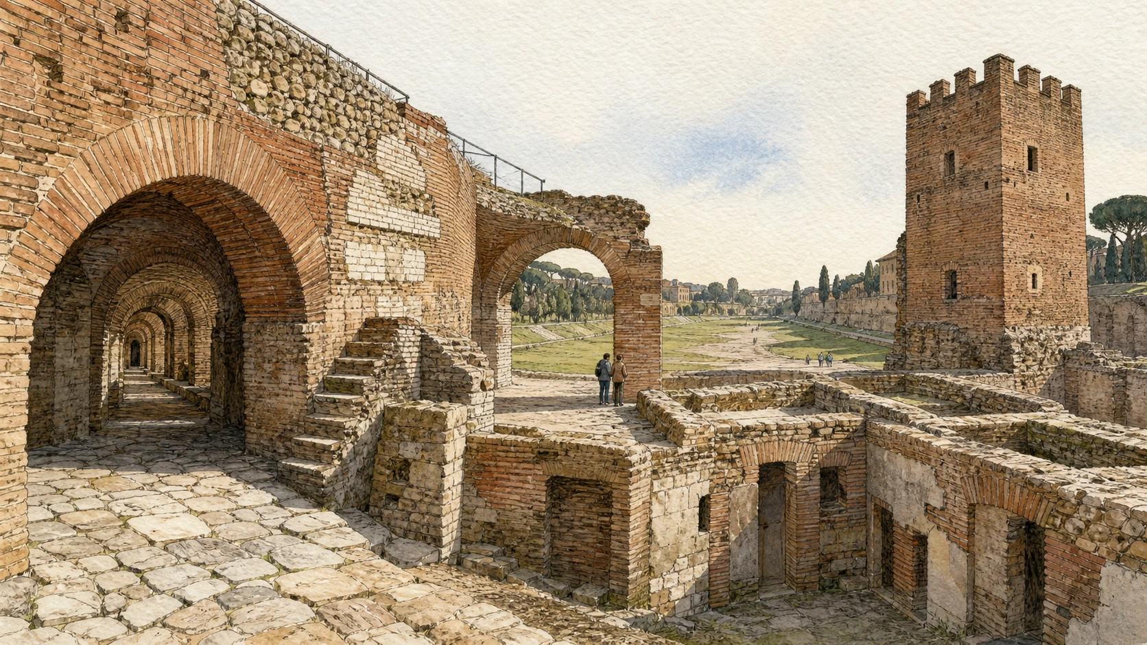 Original documentary watercolour of Circus Maximus galleries, street rooms and Torre della Moletta