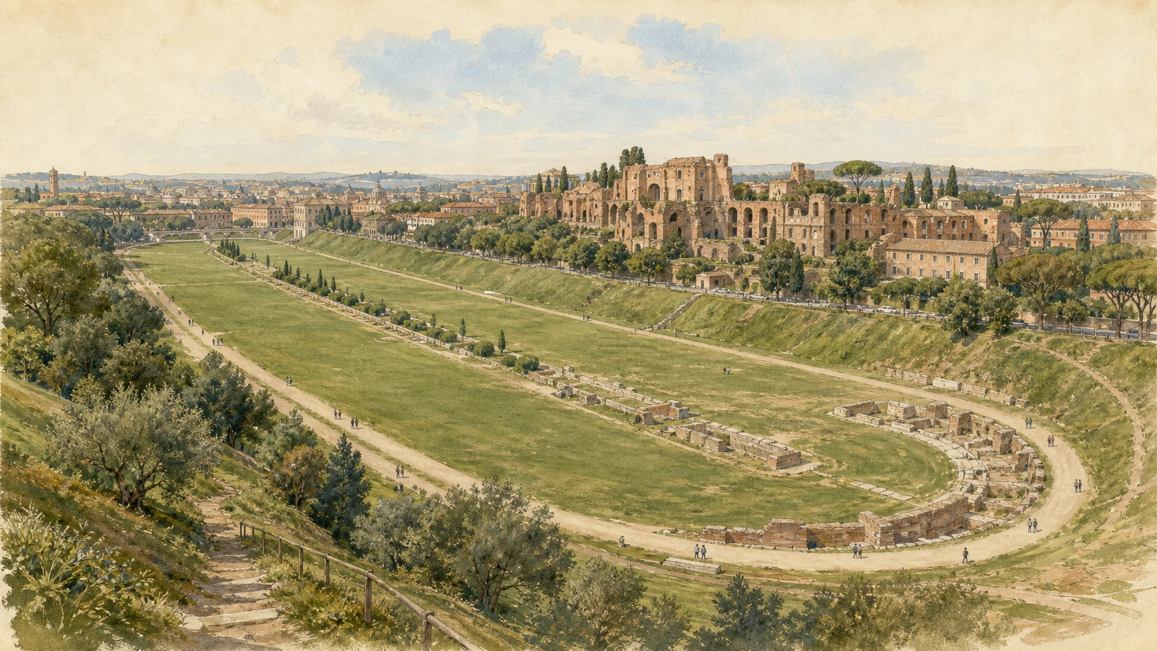 Original documentary watercolour of the immense grassy Circus Maximus valley between Aventine and Palatine