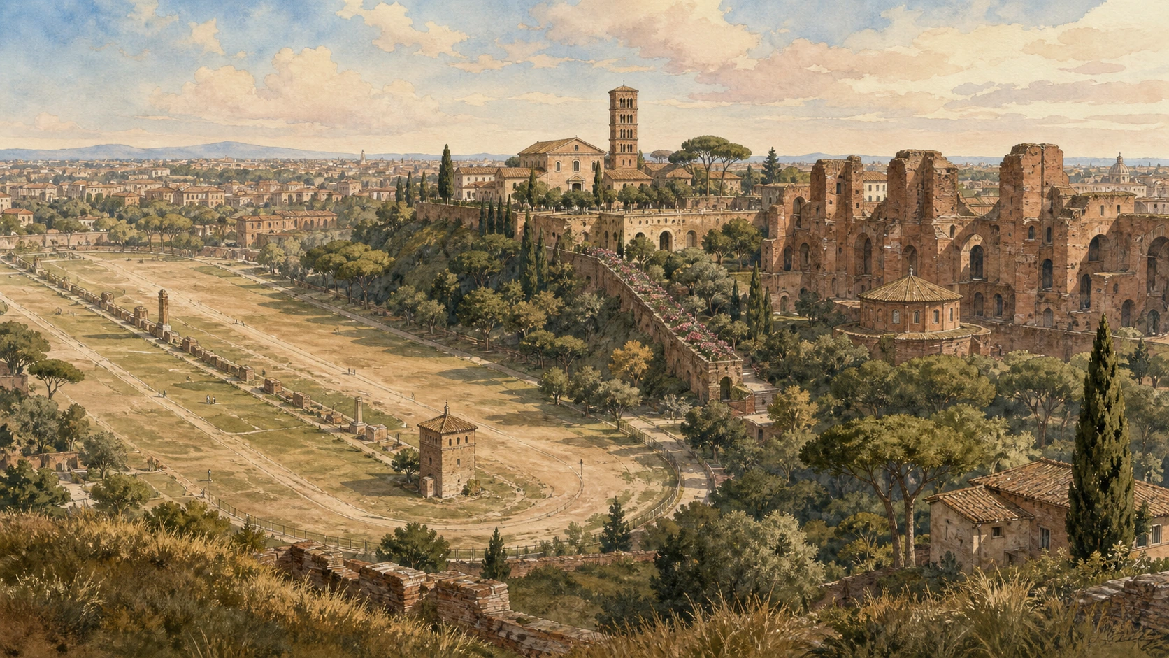Documentary watercolour of the Aventine, Circus Maximus and Baths of Caracalla