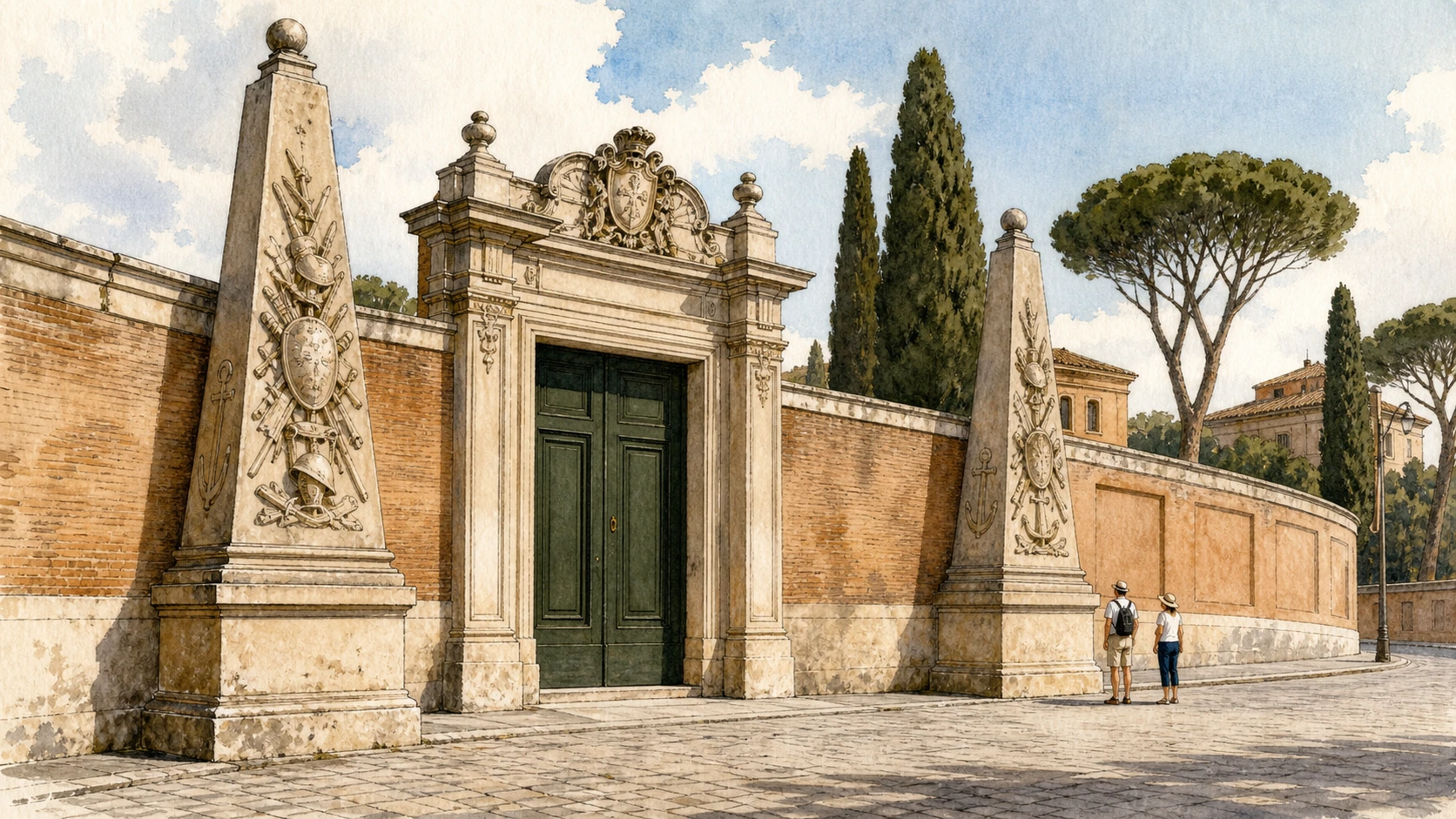 Original documentary watercolour of Piranesi's Malta square with trophy stelae and the closed Priory gate