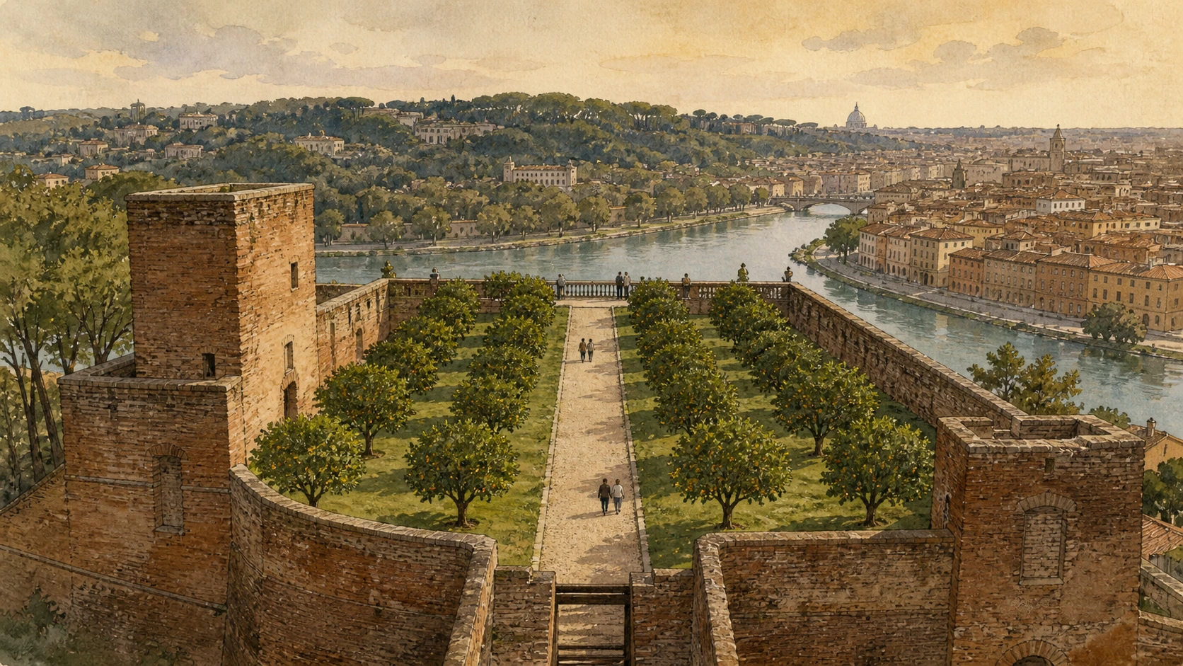 Original documentary watercolour of the rectangular Orange Garden within Savelli fortress walls above the Tiber