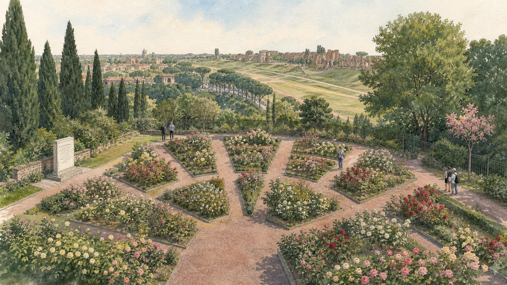 Original documentary watercolour of the Aventine Rose Garden with memorial paths and the Circus Maximus beyond