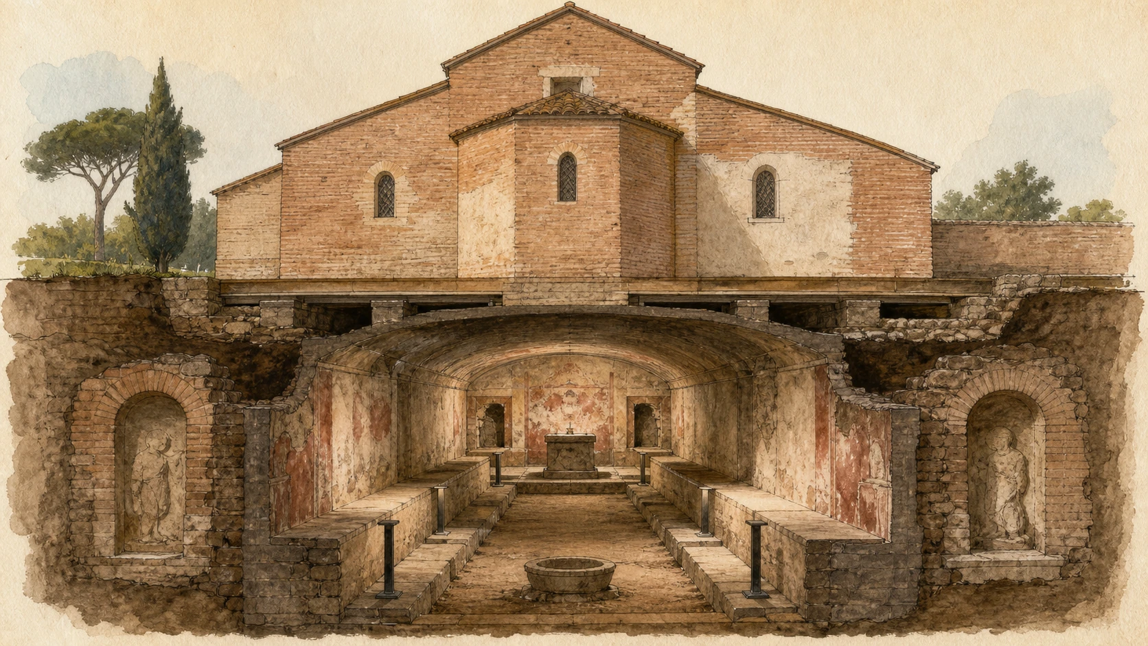 Original documentary watercolour cutaway of Santa Prisca above the narrow bench-lined Mithraeum
