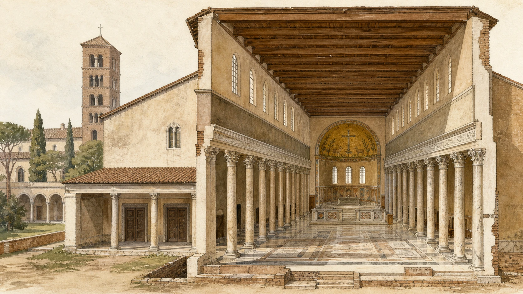 Original documentary watercolour cutaway of Santa Sabina with columns, entablatures, timber roof and entrance doors