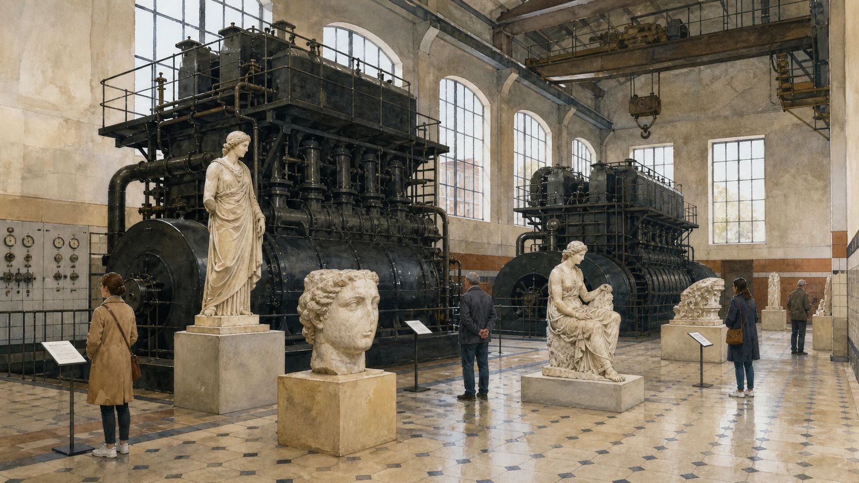Original documentary watercolour of Roman sculpture displayed among preserved engines in Centrale Montemartini
