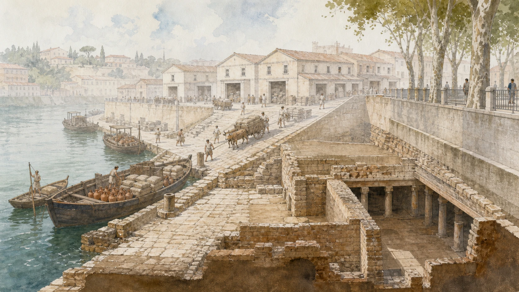 Original documentary watercolour cutaway of the Emporium travertine quay, ramps, warehouses and Tiber traffic