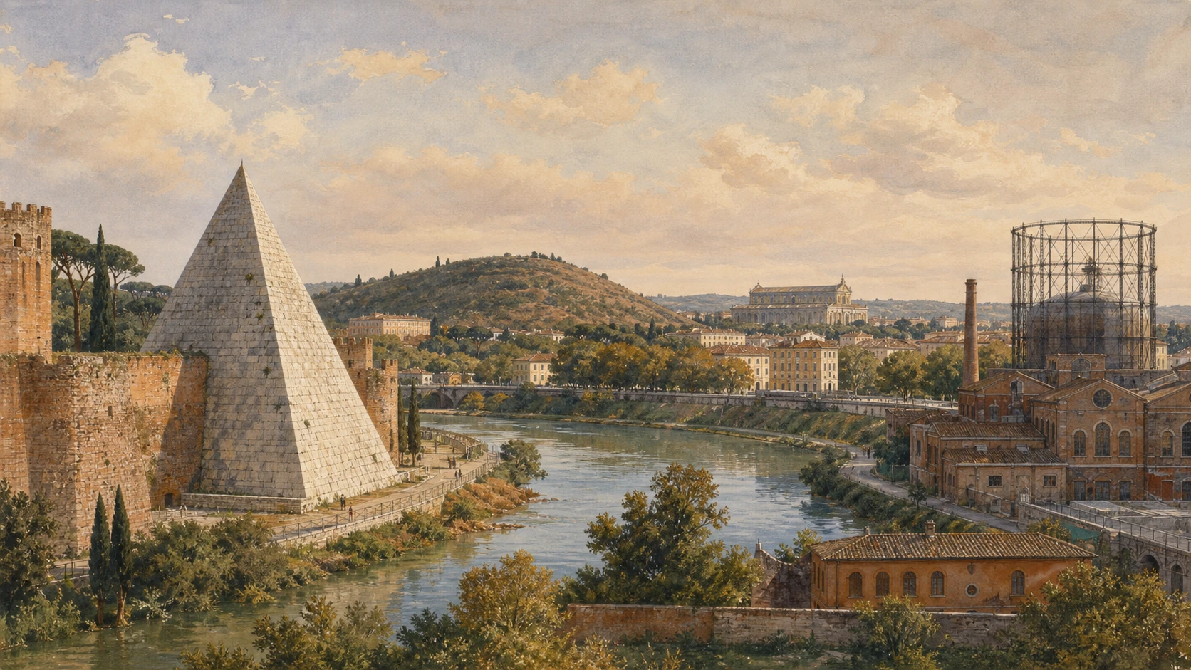 Documentary watercolour of Testaccio, the Pyramid of Cestius and Ostiense