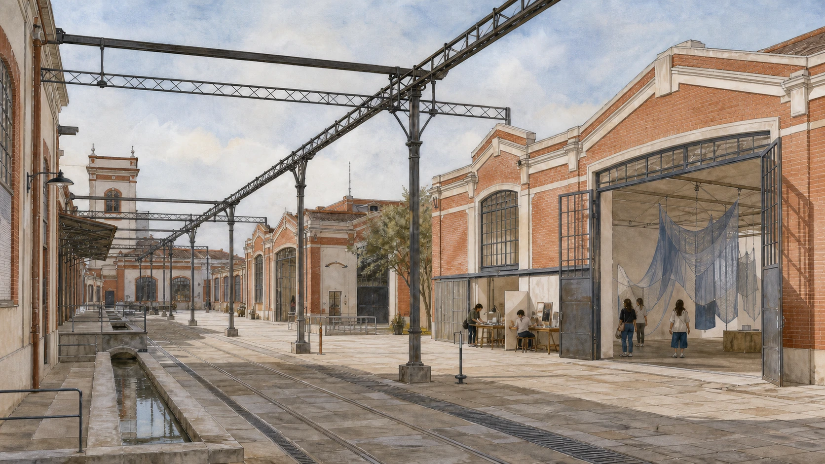 Original documentary watercolour of the Mattatoio pavilions, iron handling frames and contemporary cultural reuse