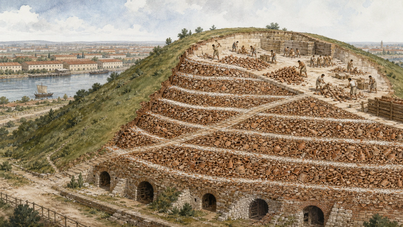 Original documentary watercolour cutaway of Monte Testaccio with ordered amphora layers, lime bands and cart ramps