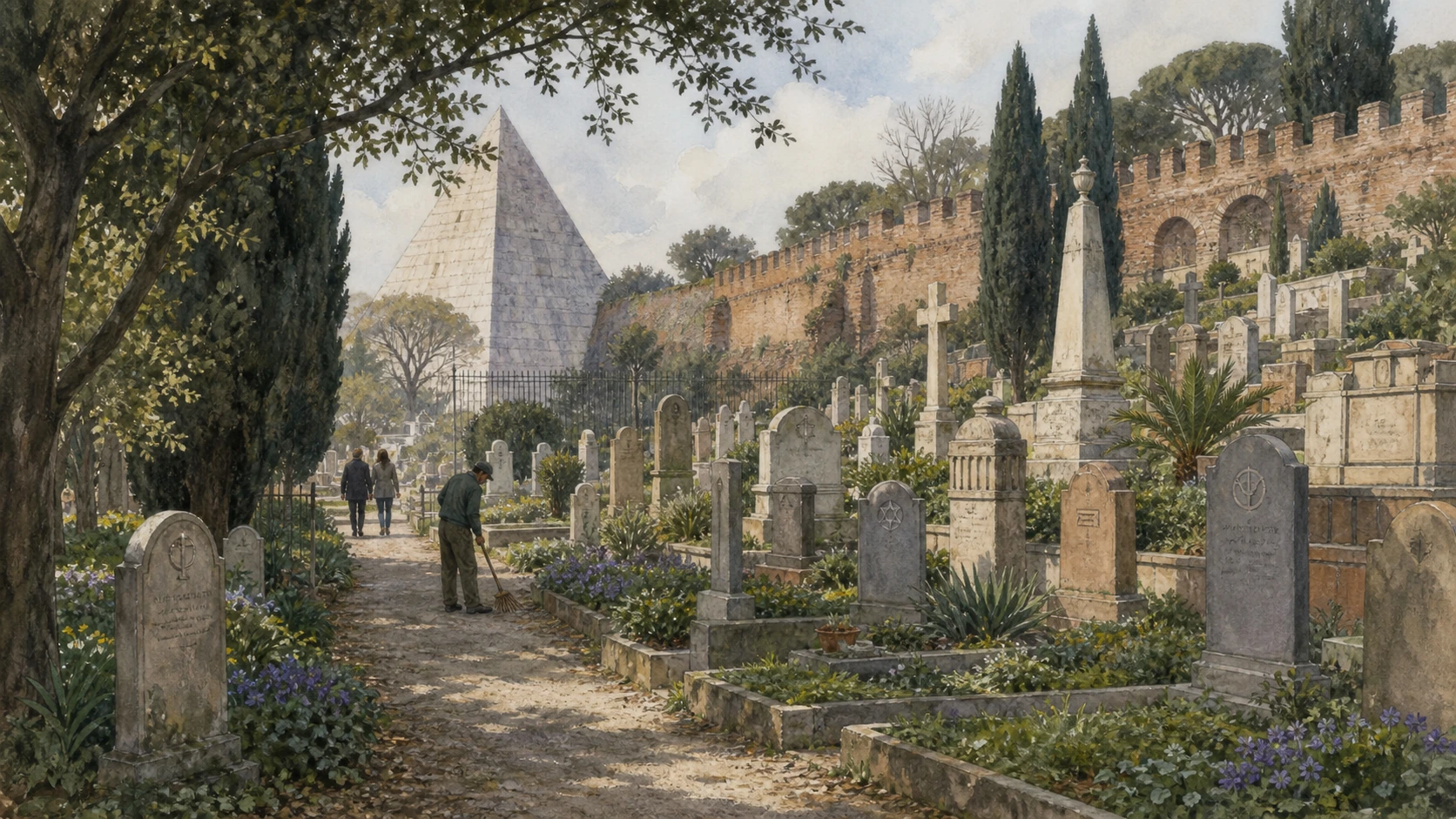 Original documentary watercolour of the shaded Non-Catholic Cemetery with varied graves and the Pyramid beyond