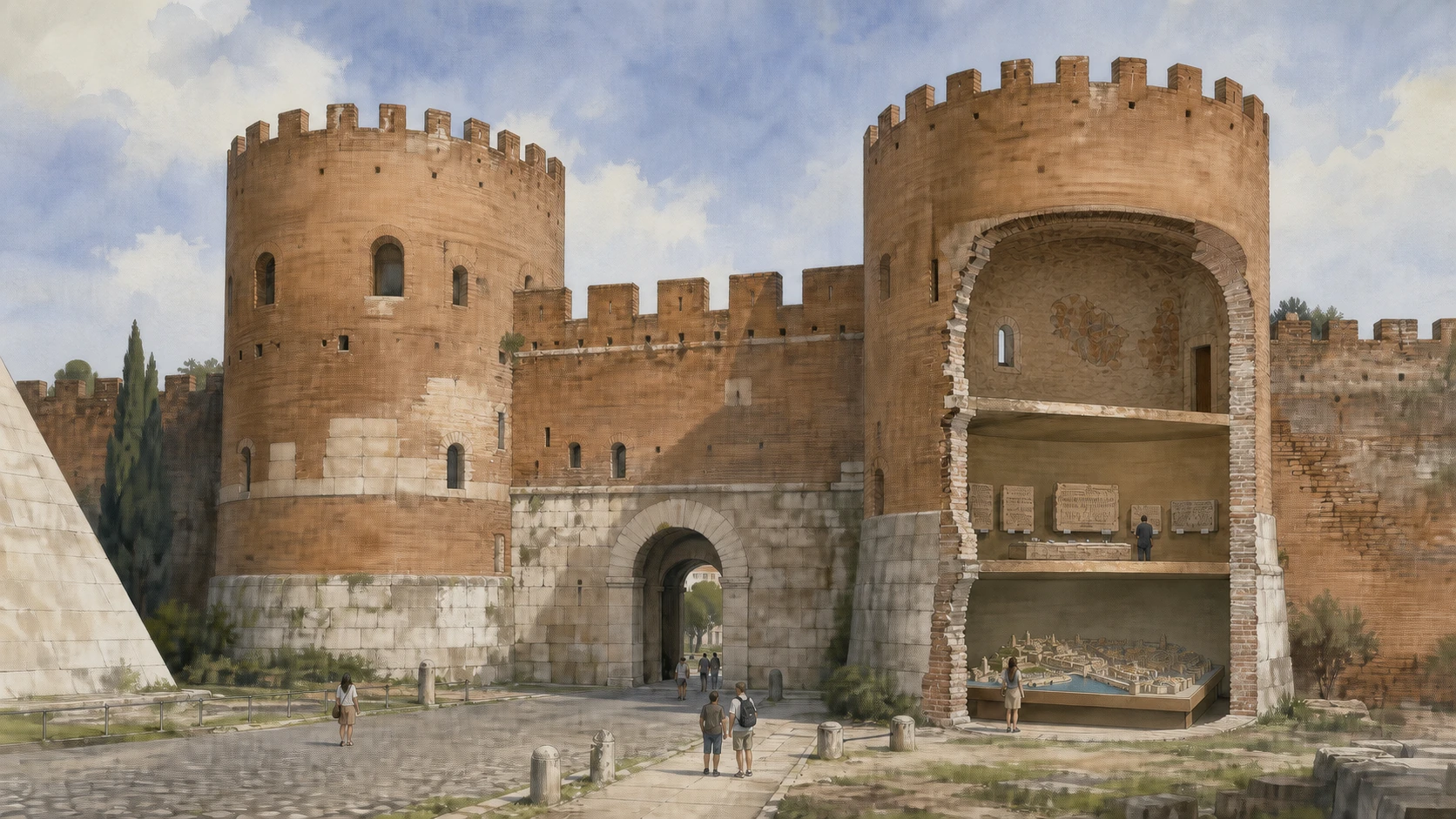 Original documentary watercolour of Porta San Paolo with twin towers, wall passage and museum rooms