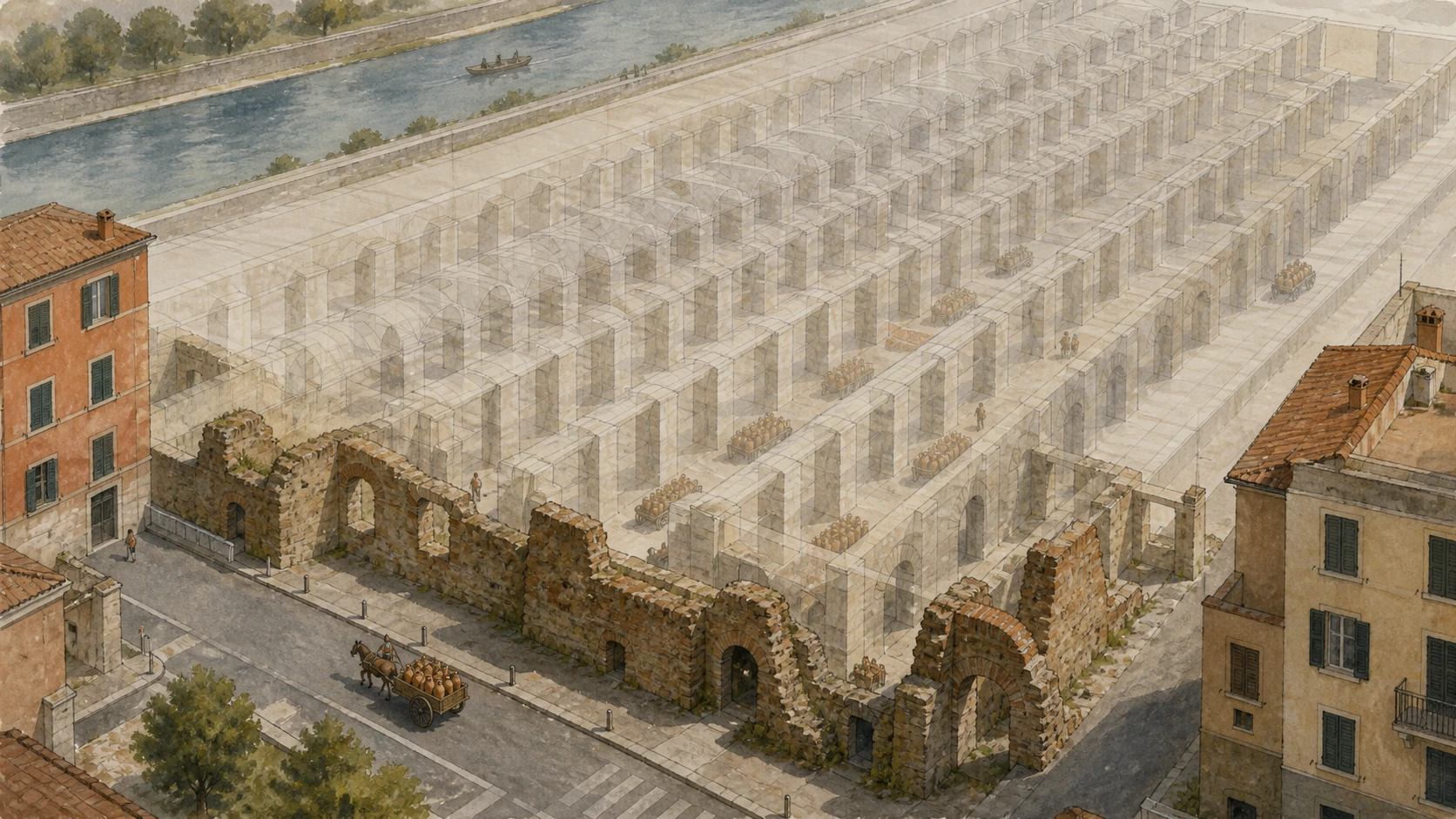 Original documentary watercolour reconstruction cutaway of Porticus Aemilia fragments within modern Testaccio