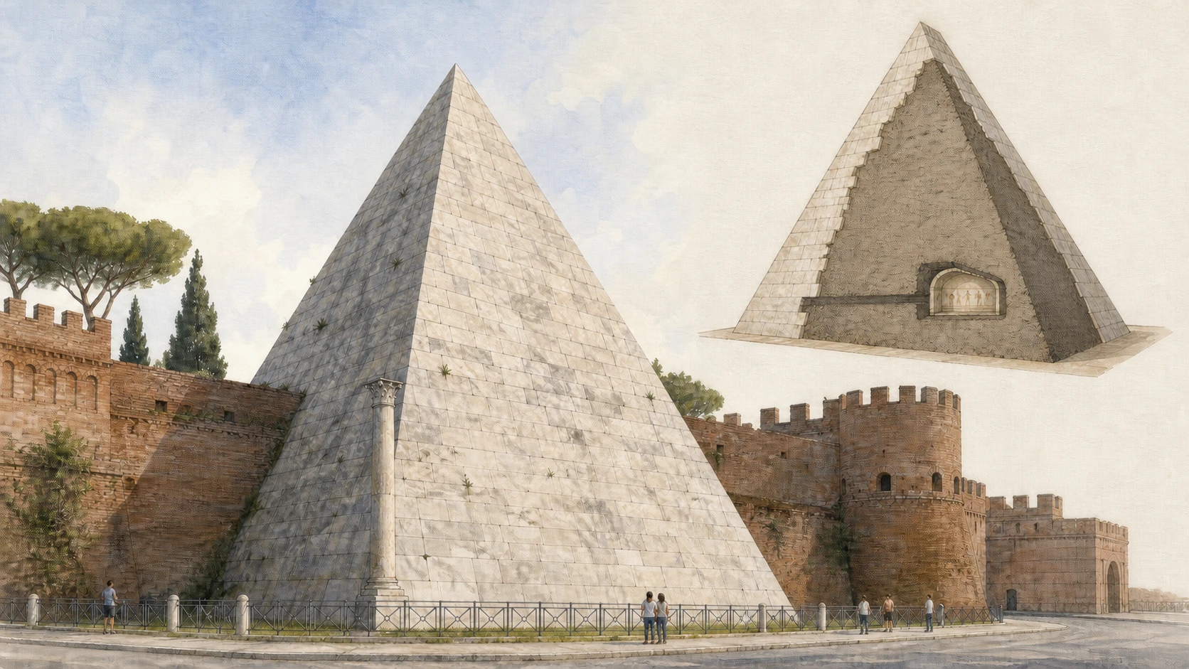 Original documentary watercolour of the marble Pyramid of Cestius joined to the Aurelian Walls