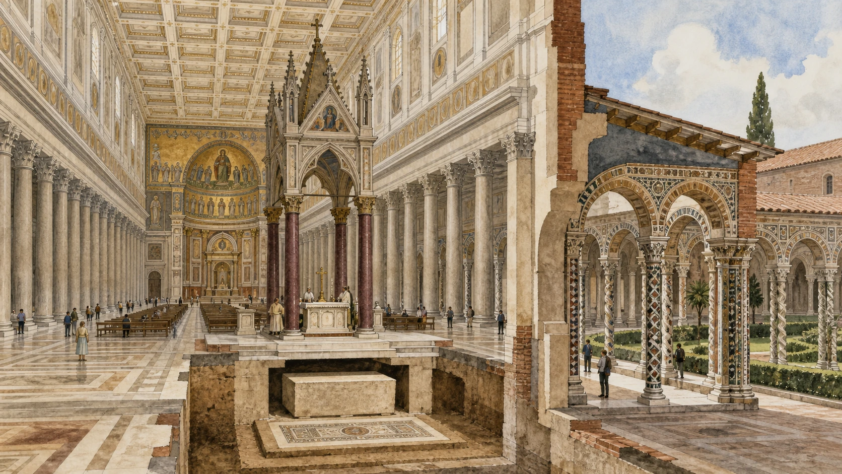 Original documentary watercolour cutaway of Saint Paul Outside the Walls showing rebuilt nave, tomb, ciborium and cloister