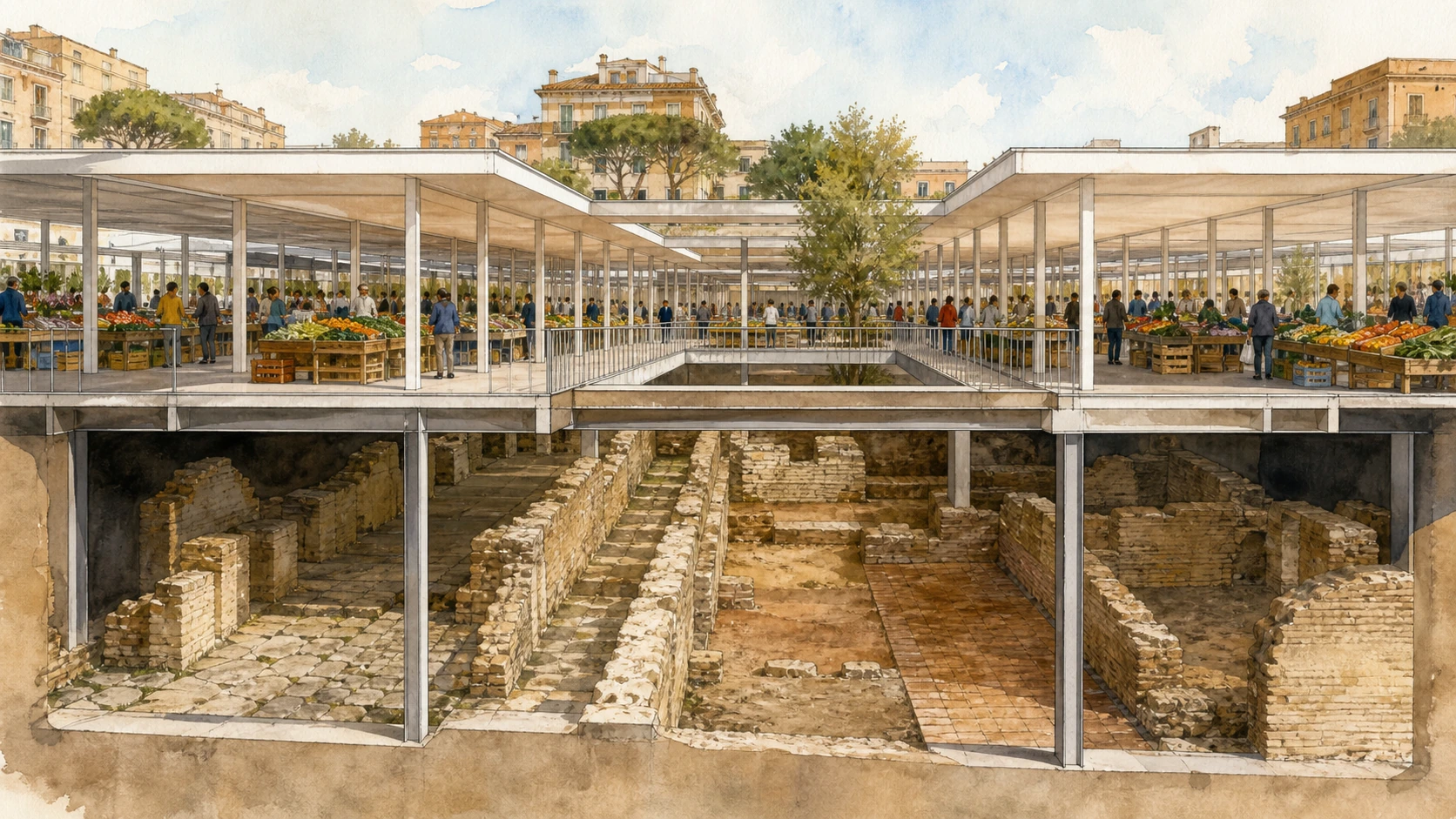 Original documentary watercolour cutaway of the New Testaccio Market suspended above ancient warehouse remains