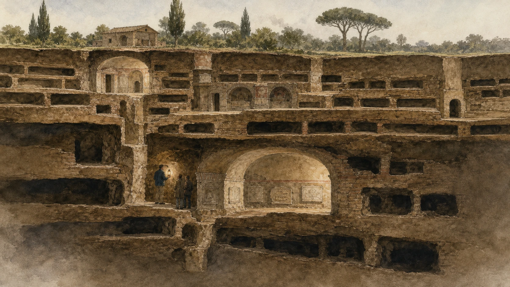 Original documentary watercolour cutaway of Saint Callixtus galleries, loculi and the Crypt of the Popes without invented crowds