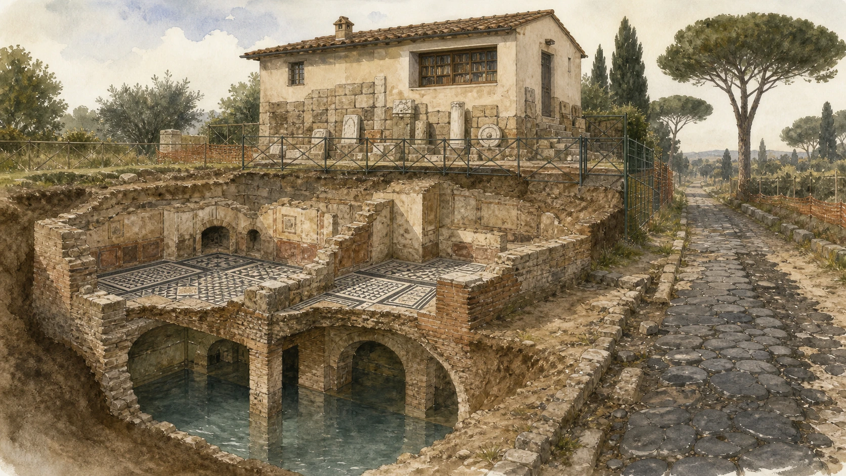 Original documentary watercolour cutaway of Capo di Bove baths, mosaic, cistern, Cederna house and Appian paving