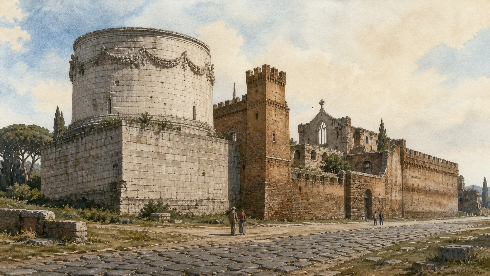 Original documentary watercolour of Cecilia Metella's Roman drum joined to Caetani battlements, palace and San Nicola
