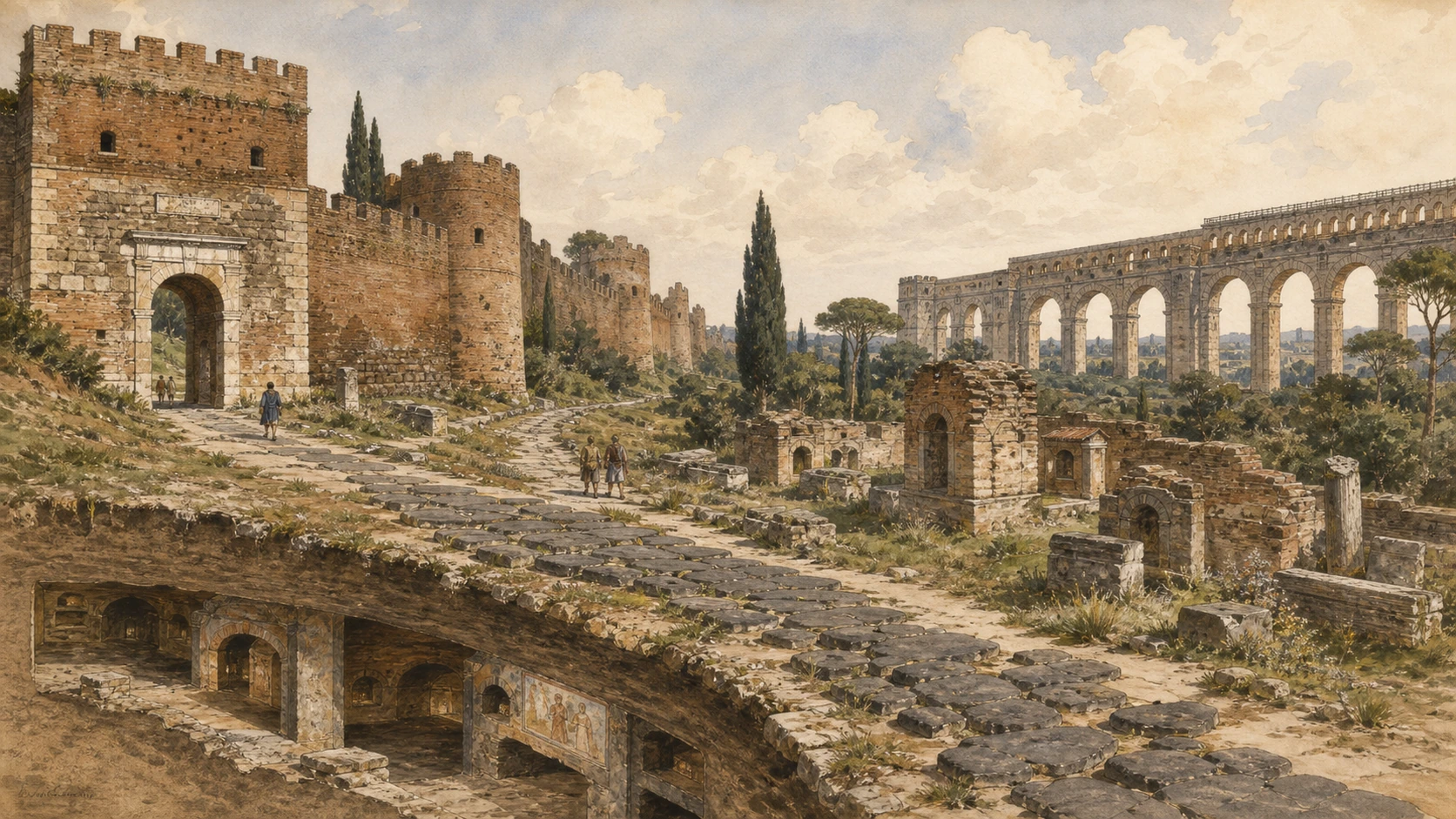 Documentary watercolour of the Appian Way, catacombs and Roman aqueducts