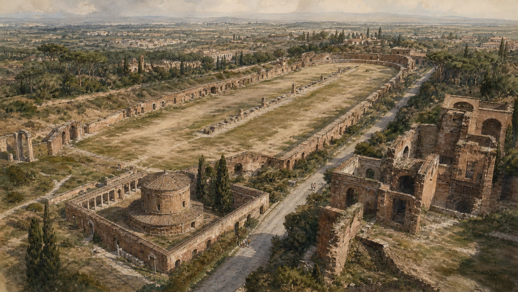 Original documentary watercolour aerial cutaway of Maxentius's palace, circus and Mausoleum of Romulus without the relocated obelisk