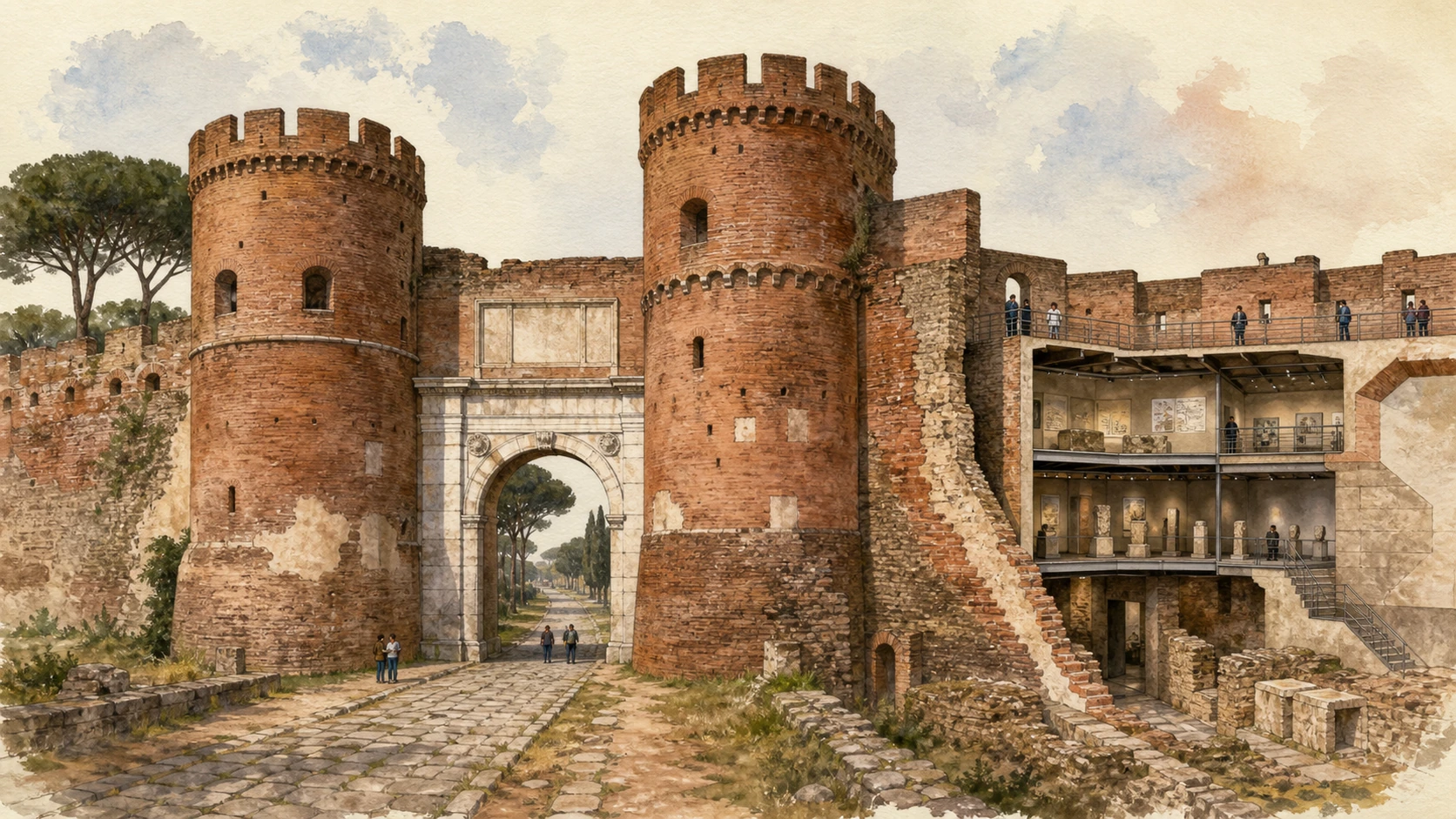 Original documentary watercolour cutaway of Porta San Sebastiano, its twin towers, wall walk and Appian road