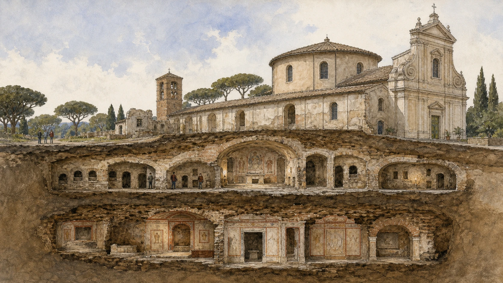 Original documentary watercolour section through Saint Sebastian's mausoleums, apostolic memoria, galleries and basilica