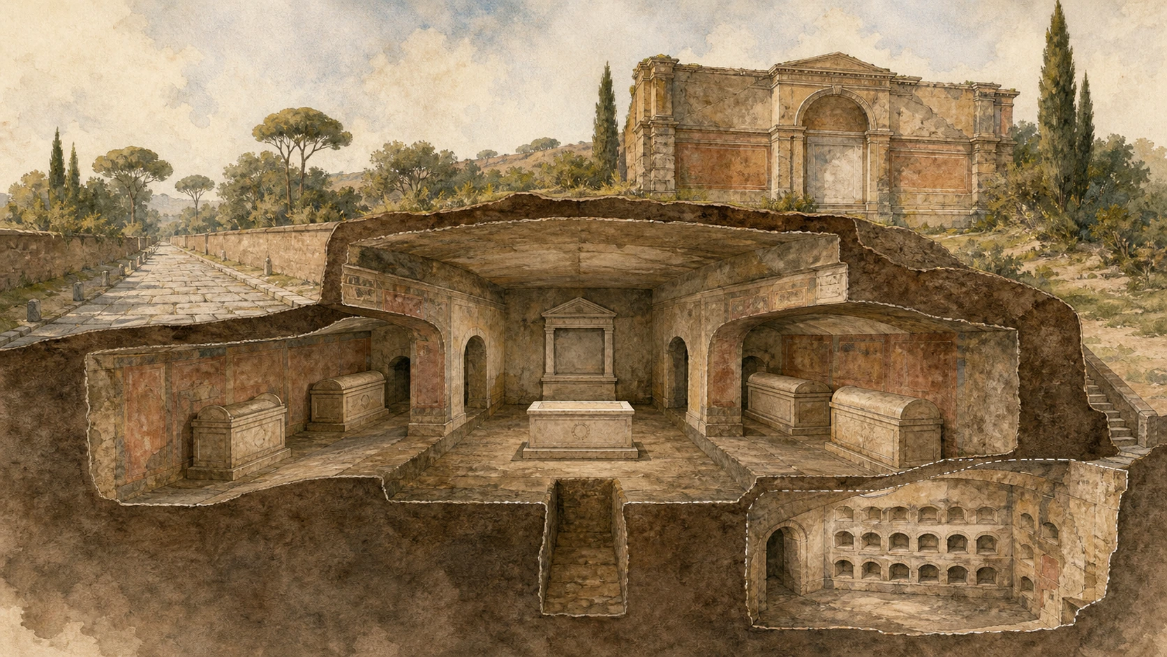 Original documentary watercolour cutaway of the rock-cut Tomb of the Scipios with gallery plan and Barbatus sarcophagus setting
