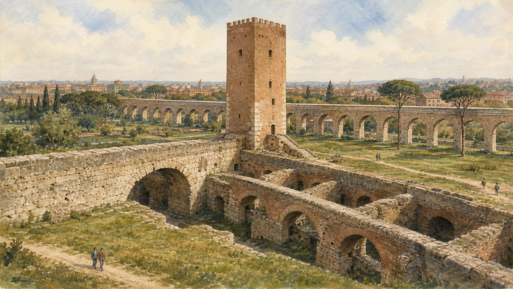 Original documentary watercolour of Torre del Fiscale above crossing ancient and papal aqueducts