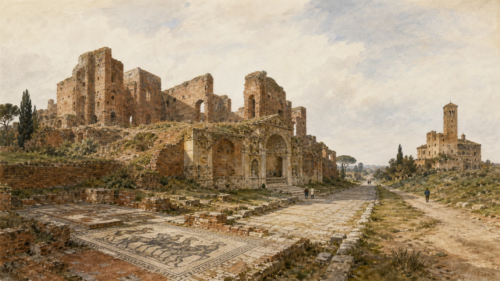 Original documentary watercolour panorama of the Villa of the Quintili with bath halls, nymphaeum and Santa Maria Nova tower