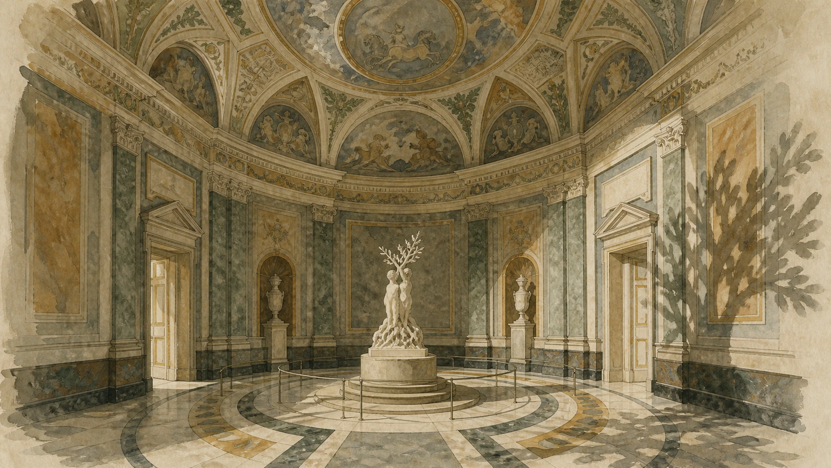 Original documentary watercolour of the Apollo and Daphne room, with the marble metamorphosis treated respectfully and without photorealistic nudity