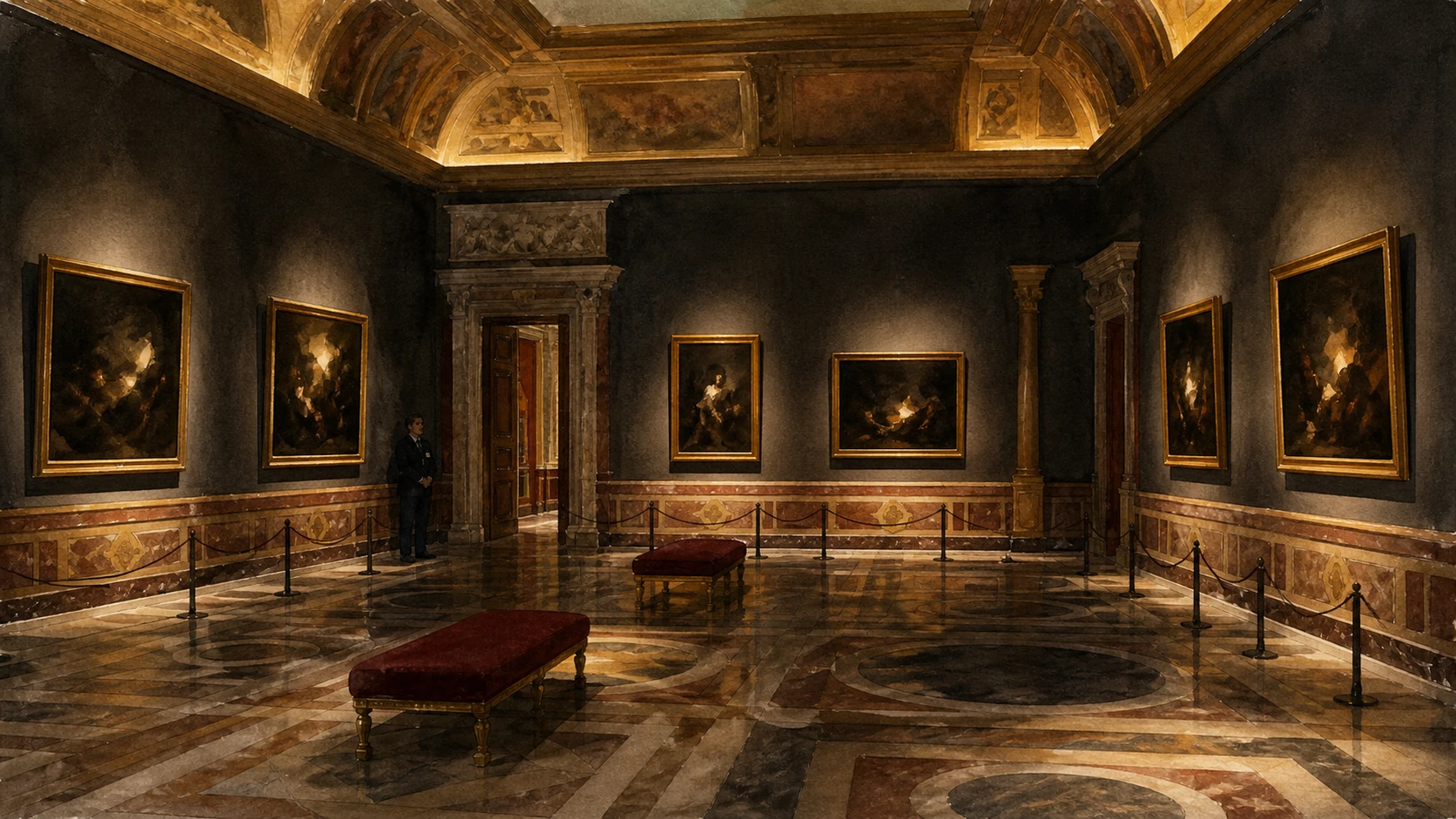 Original documentary watercolour of the Silenus Room with six dark Caravaggio canvases arranged amid its later decoration