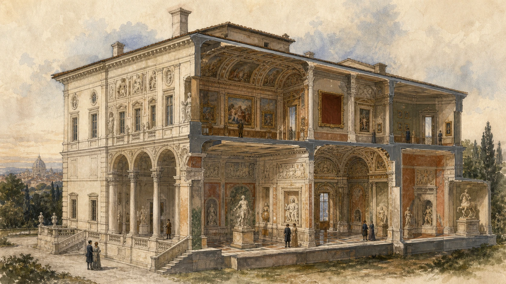Original documentary watercolour cutaway of the Casino Nobile façade and its coordinated sculpture and picture rooms