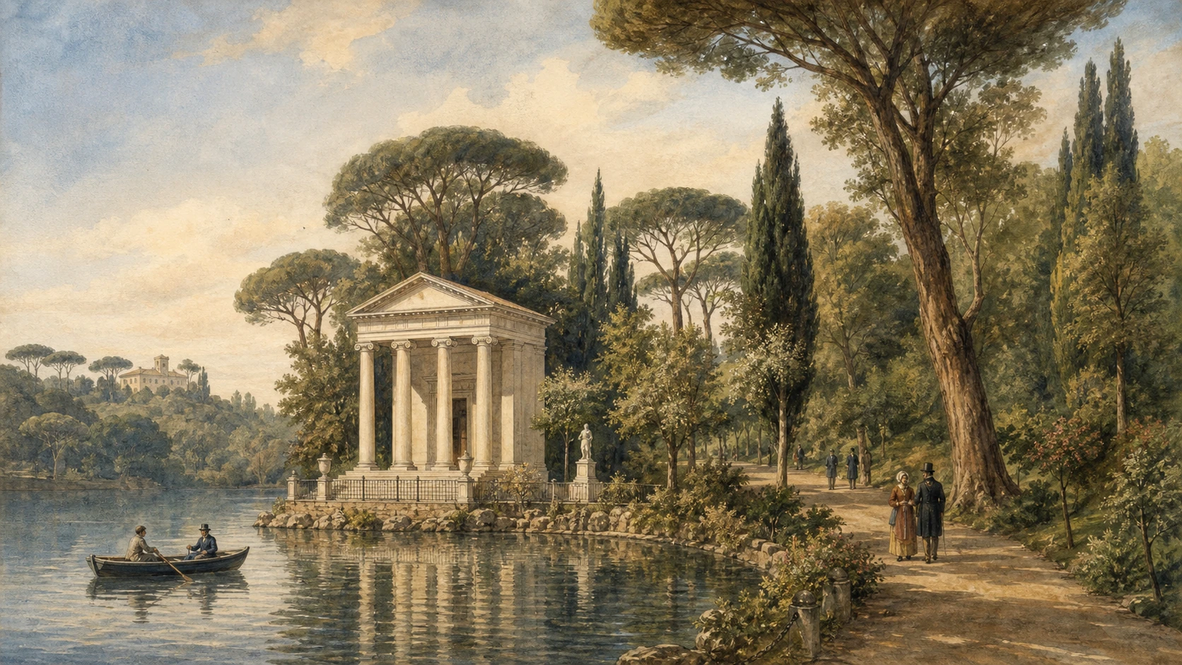 Original documentary watercolour of the artificial Garden of the Lake and neoclassical Temple of Aesculapius