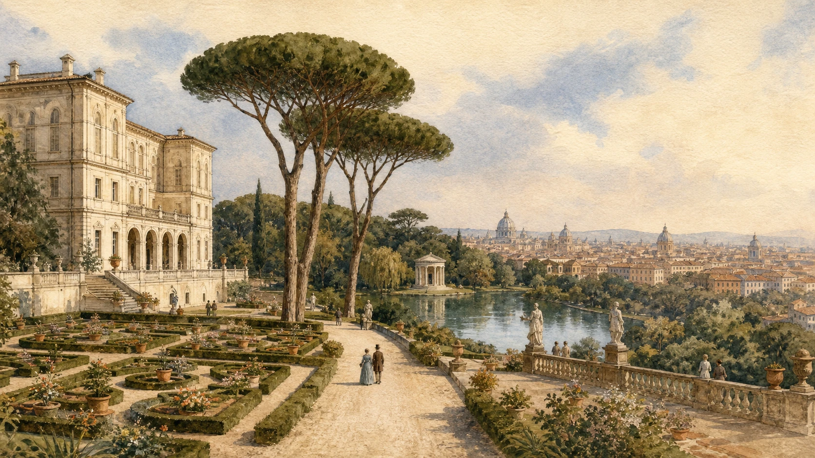 Documentary watercolour of Villa Borghese, Galleria Borghese and the Pincio