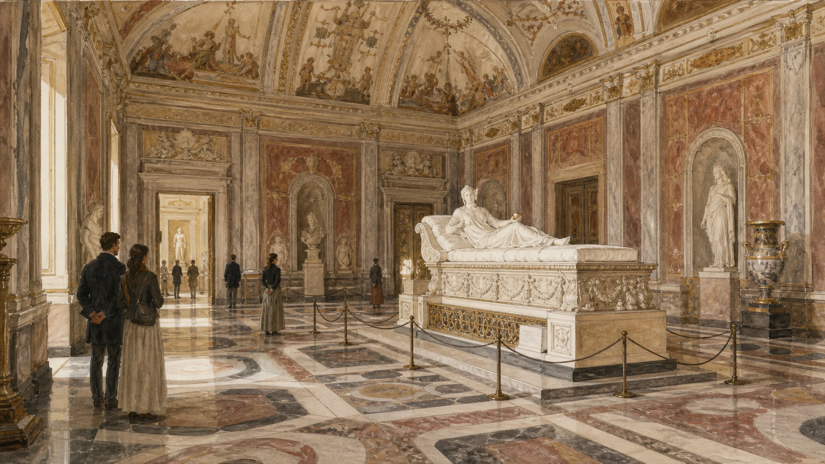 Original documentary watercolour of Canova's Pauline Borghese in the decorated Room I, discreetly represented as museum sculpture