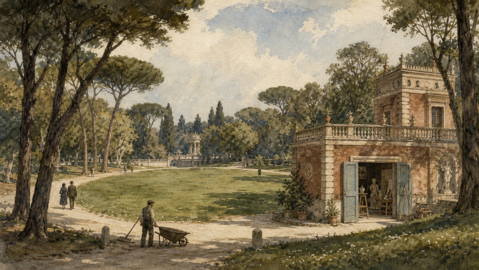 Original documentary watercolour of Piazza di Siena and the Fortezzuola cut away to Canonica's studio and apartment