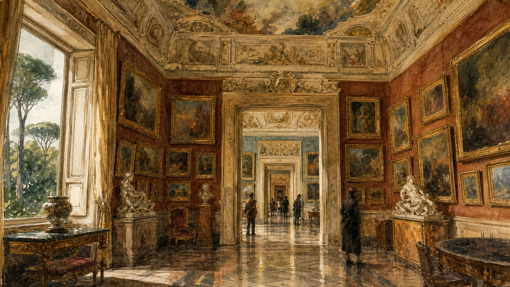 Original documentary watercolour of the upper Galleria Borghese picture rooms with varied Renaissance paintings and decorated ceilings