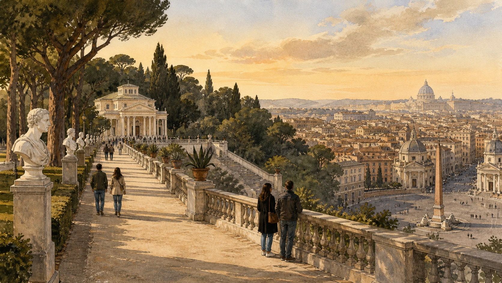 Original documentary watercolour of the Pincio terrace, Casina Valadier, water clock and Piazza del Popolo panorama