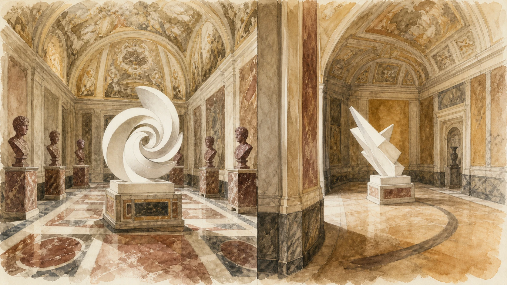 Original documentary watercolour study of Bernini's Proserpina and David in their separate rooms, figures simplified as museum sculpture