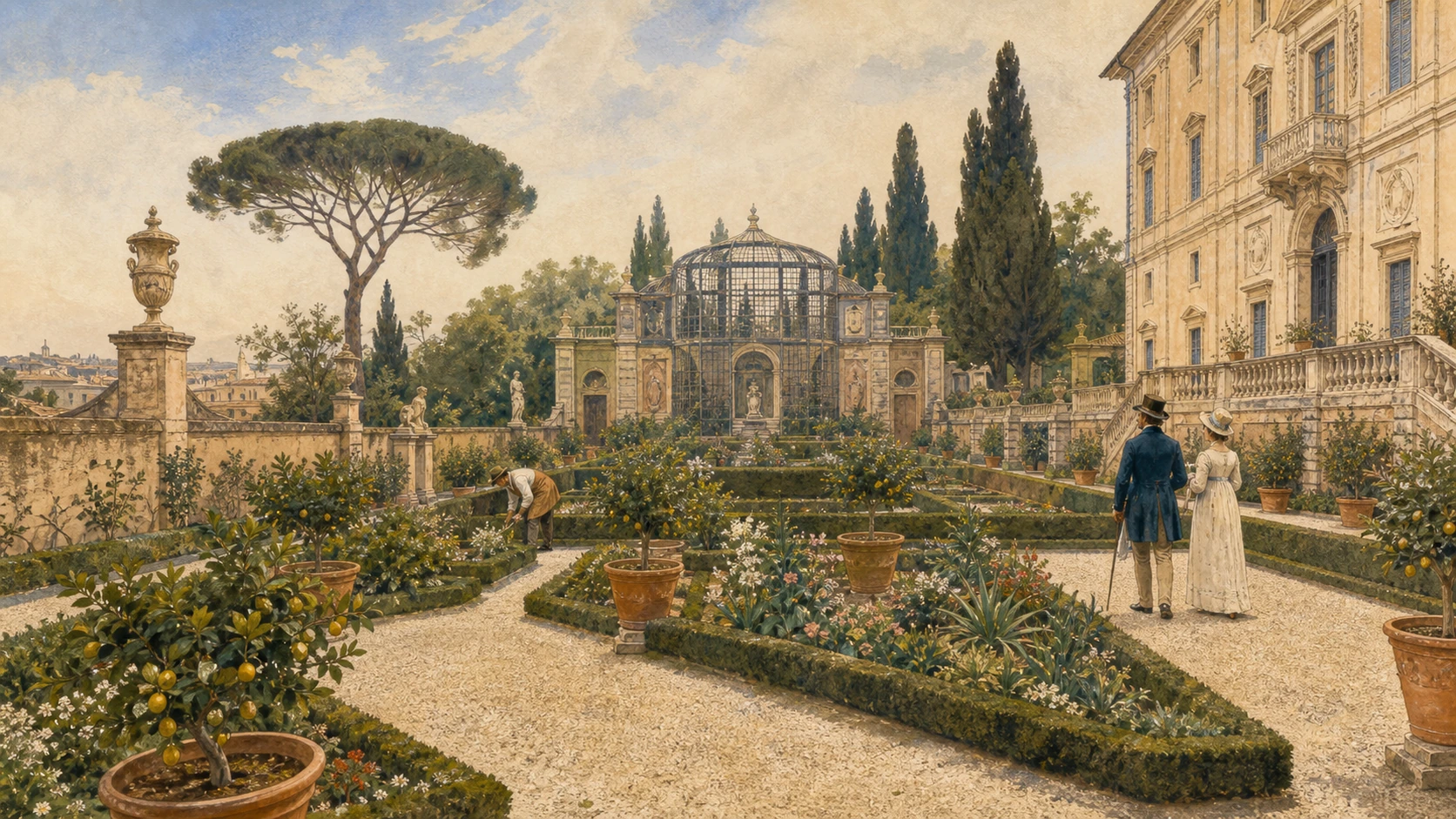 Original documentary watercolour plan-view of Villa Borghese secret gardens, Uccelliera and Meridiana with reconstructed beds