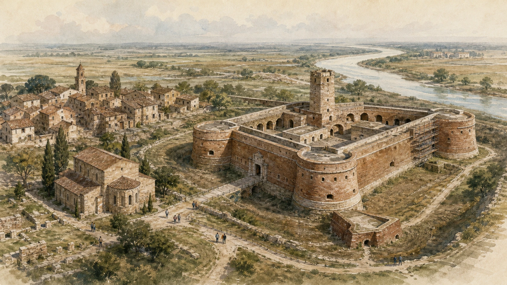 Original documentary watercolour of Ostia Antica's hamlet and Renaissance Castle of Julius II beside the displaced river landscape
