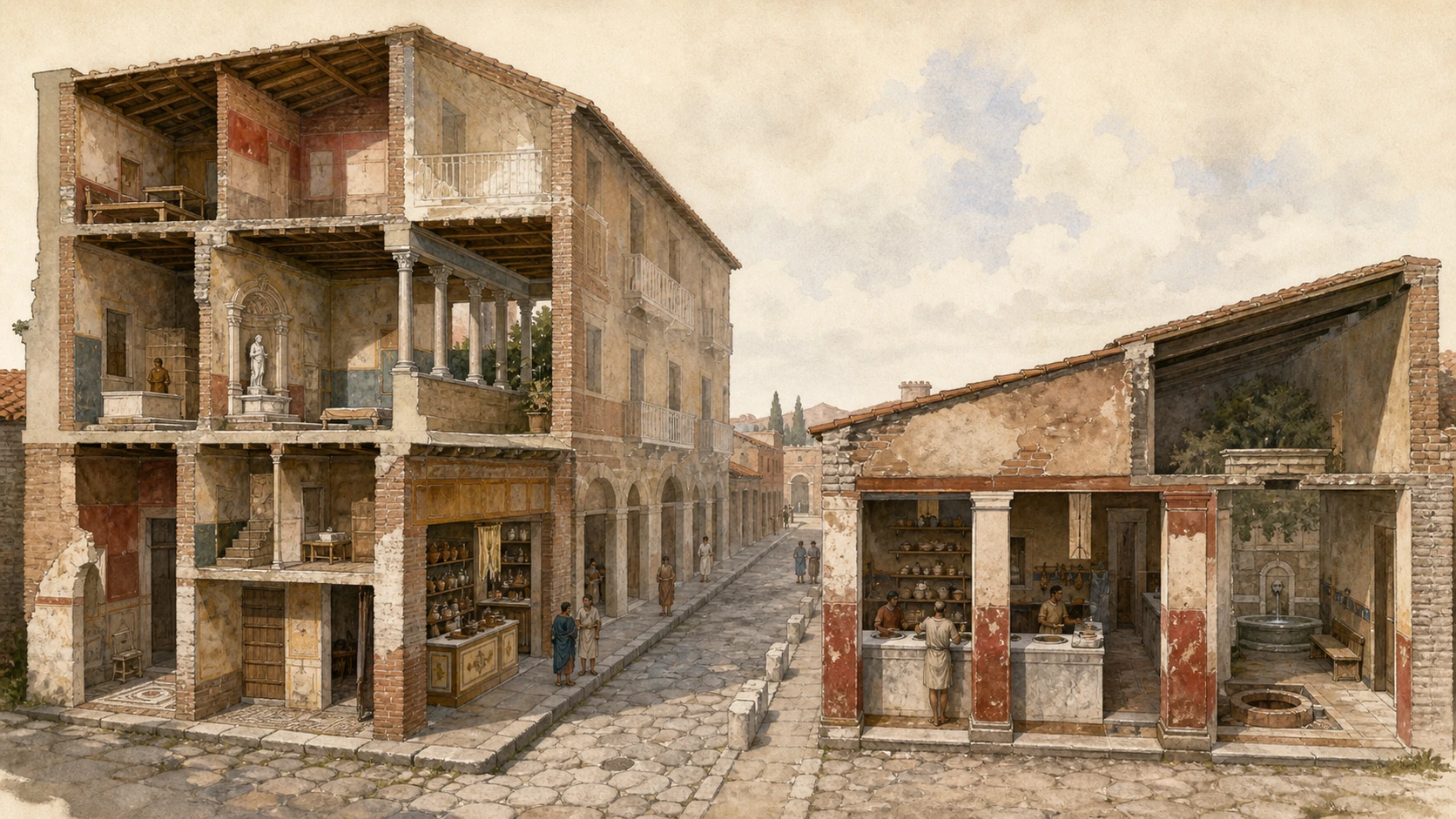 Original documentary watercolour street section of Casa di Diana and the Via di Diana thermopolium