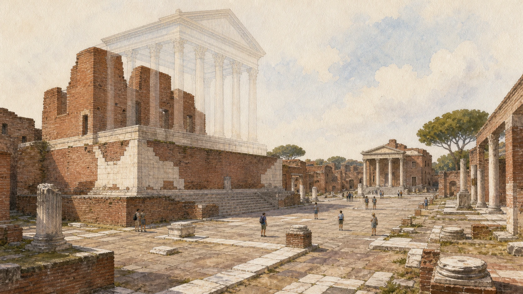 Original documentary watercolour reconstruction study of Ostia's Forum, Capitolium and Temple of Roma and Augustus