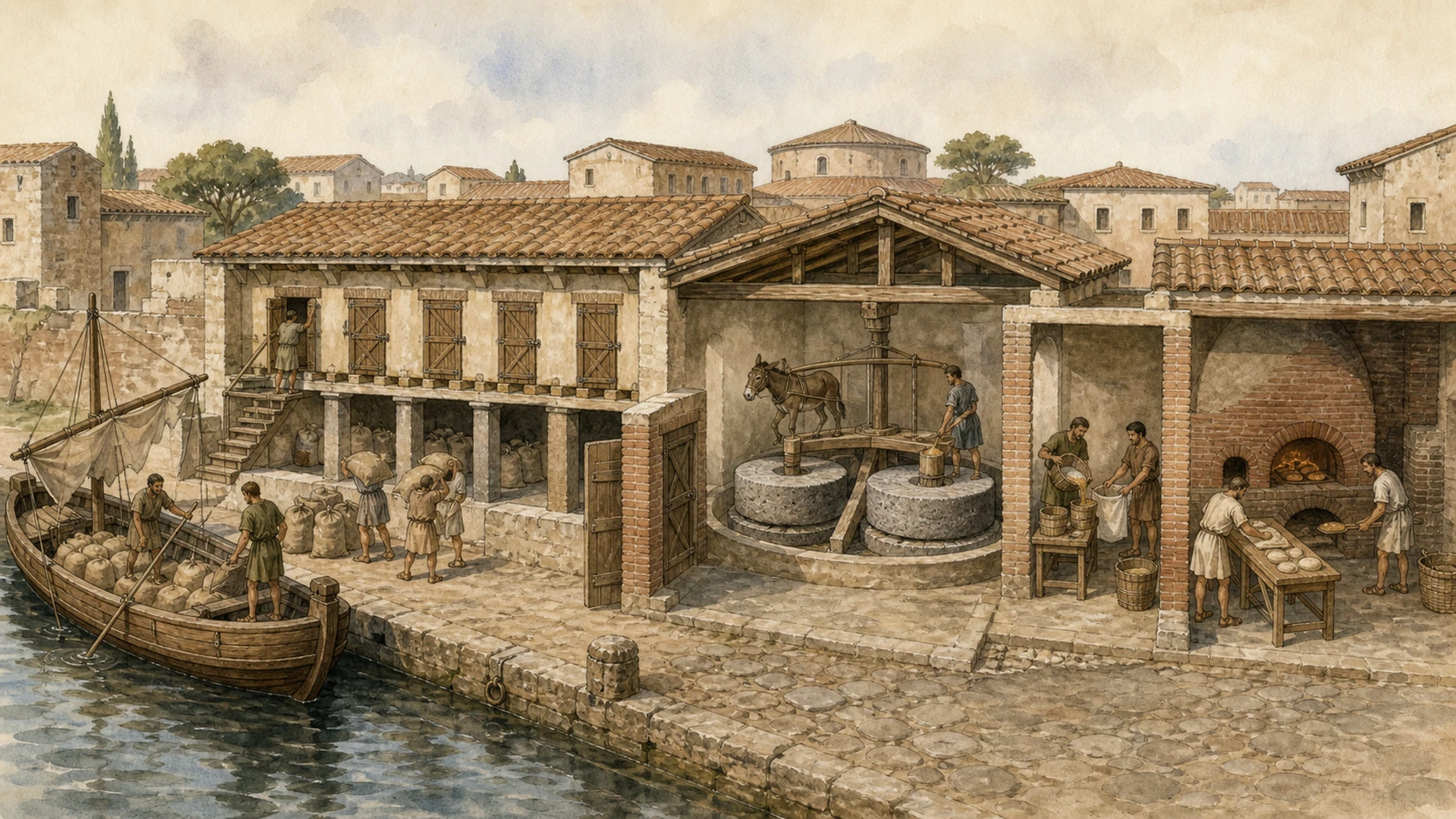 Original documentary watercolour cutaway of Ostian granaries, grain measurers, mills and bakery ovens