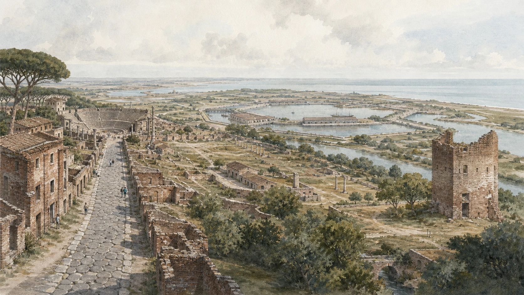Documentary watercolour of Ostia Antica and the Tiber mouth